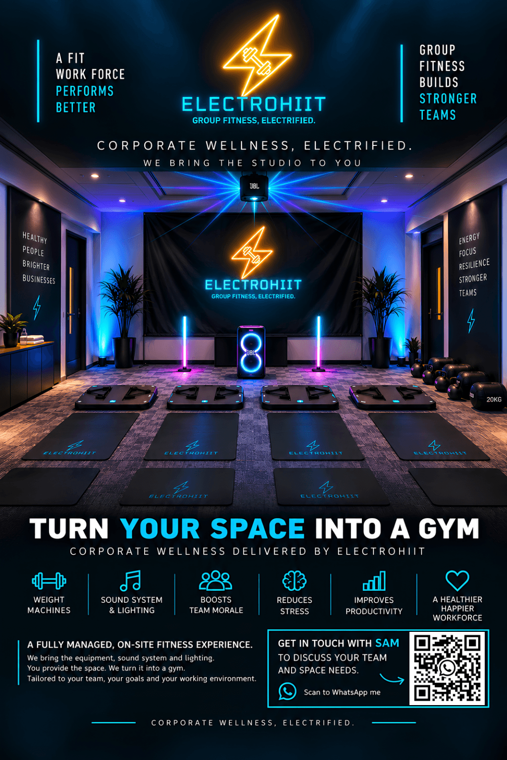 Electrohiit corporate wellness — turn your space into a gym with on-site electromagnetic resistance, sound, and lighting