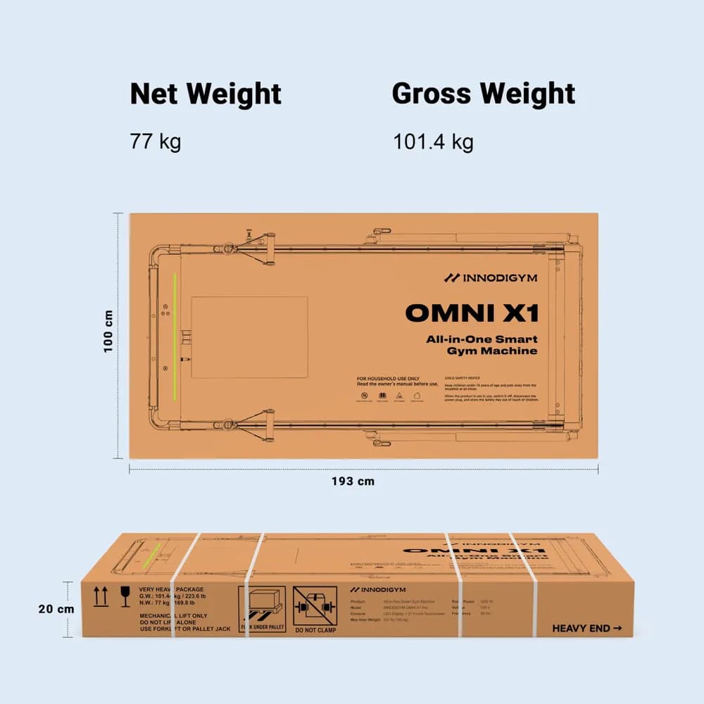 INNODIGYM Omni x1 footprint: 0.97 square metres in use, 0.12 square metres folded