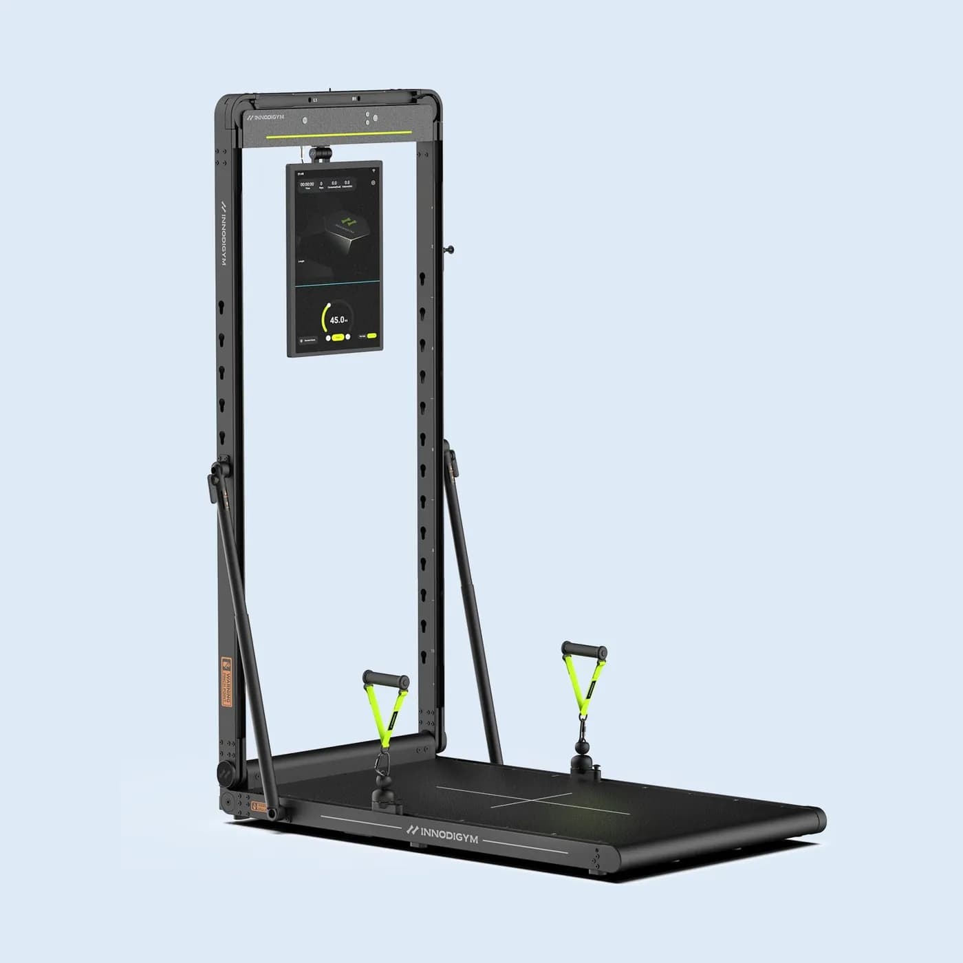 The INNODIGYM Omni x1 smart home gym, unfolded, with its touchscreen and cable handles