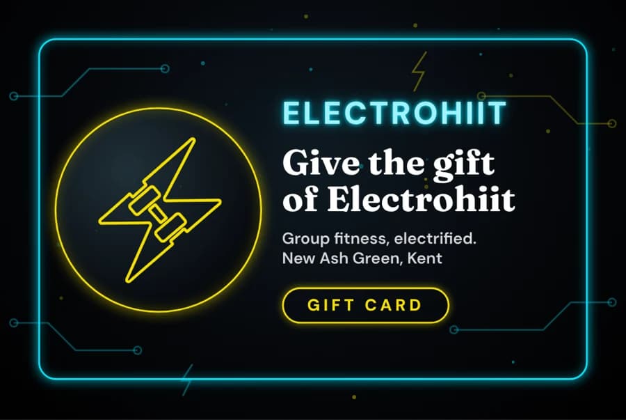 The Electrohiit gift card: a neon bolt with 'Give the gift of Electrohiit'